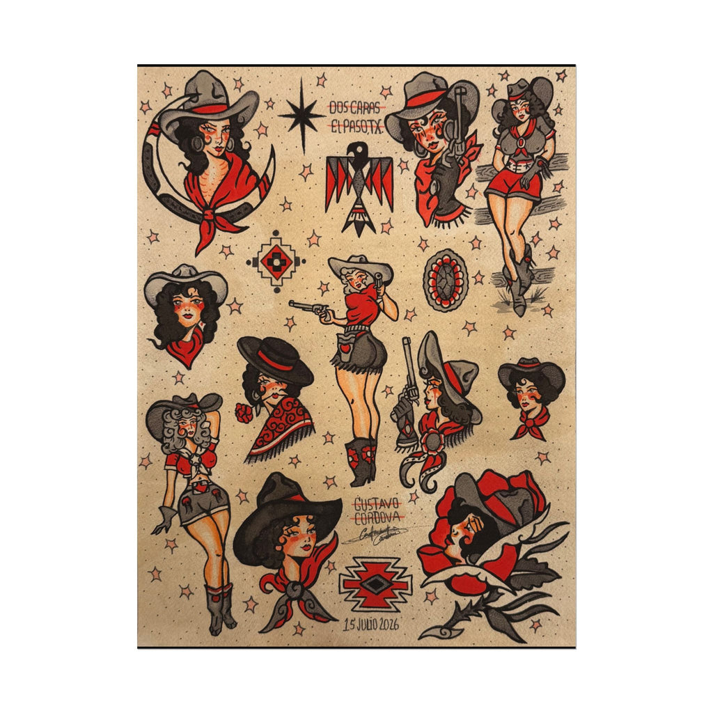 12" X 16" Cowgirls Tattoo flash sheet Print
