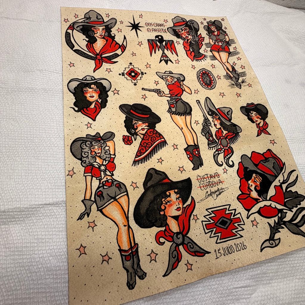 12" X 16" Cowgirls Tattoo flash sheet Print