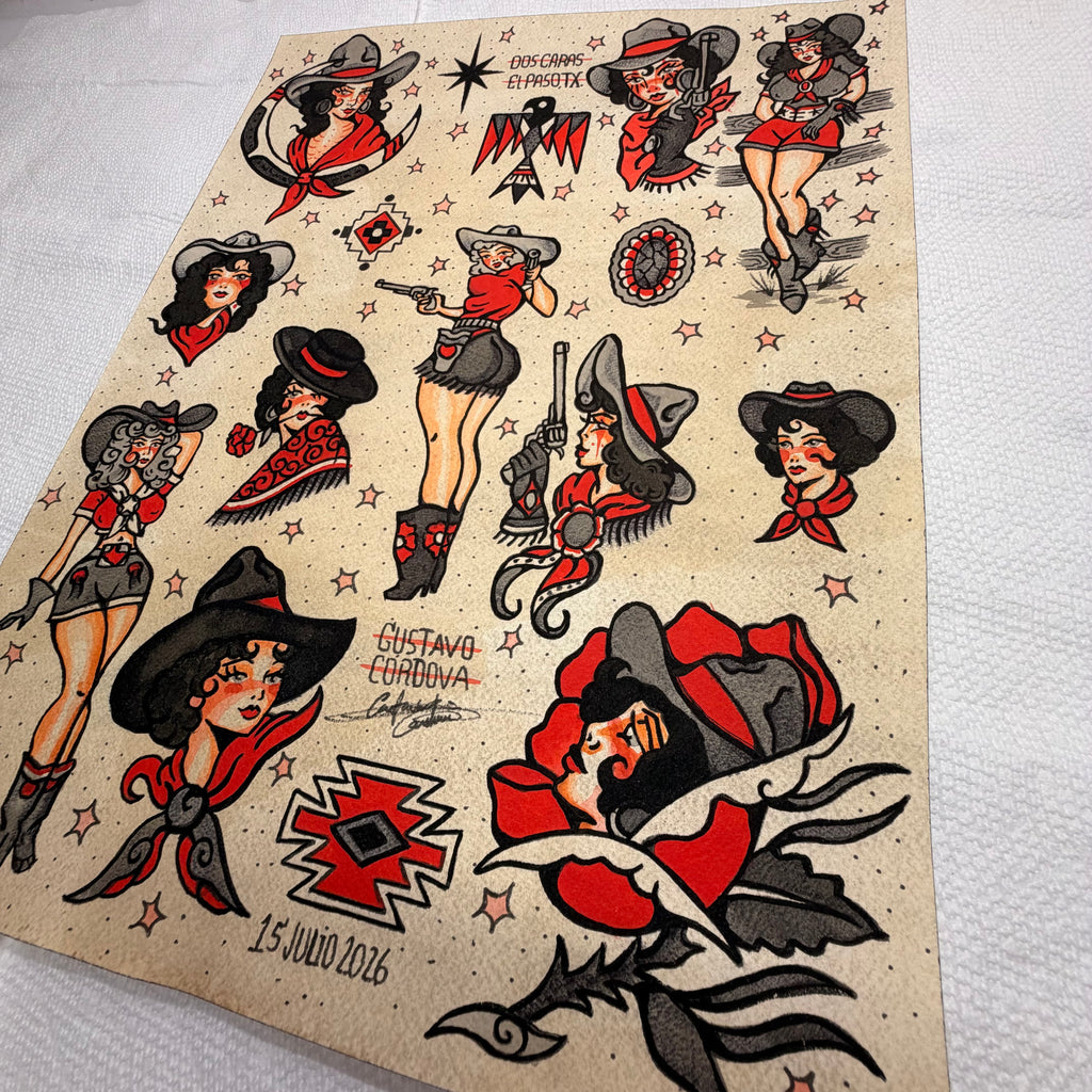 12" X 16" Cowgirls Tattoo flash sheet Print