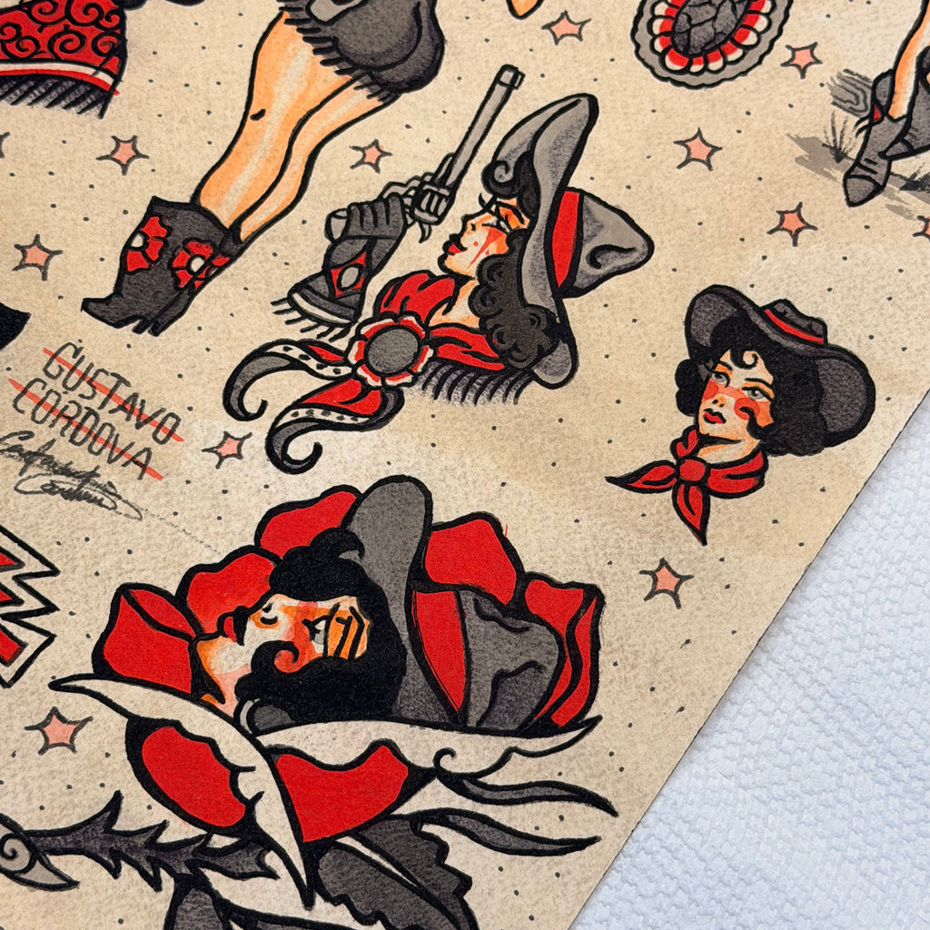 12" X 16" Cowgirls Tattoo flash sheet Print