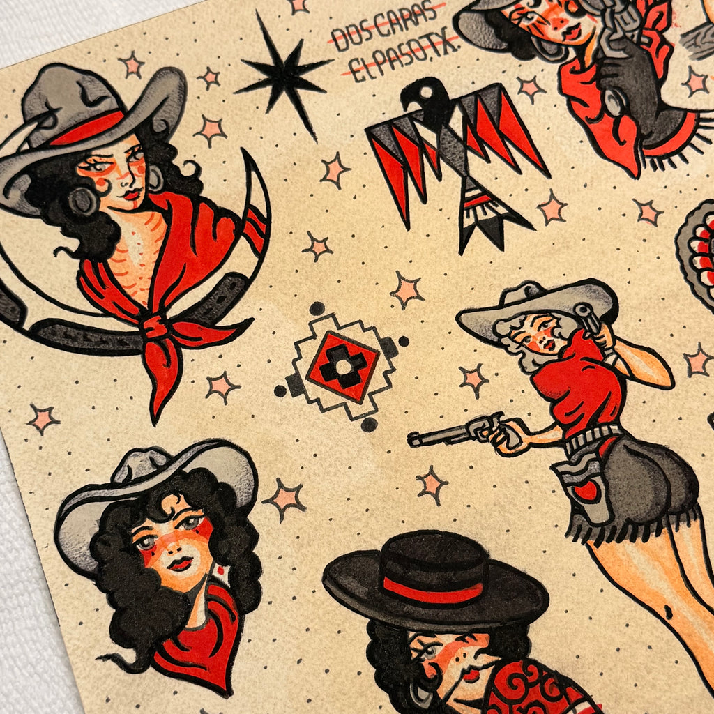 12" X 16" Cowgirls Tattoo flash sheet Print