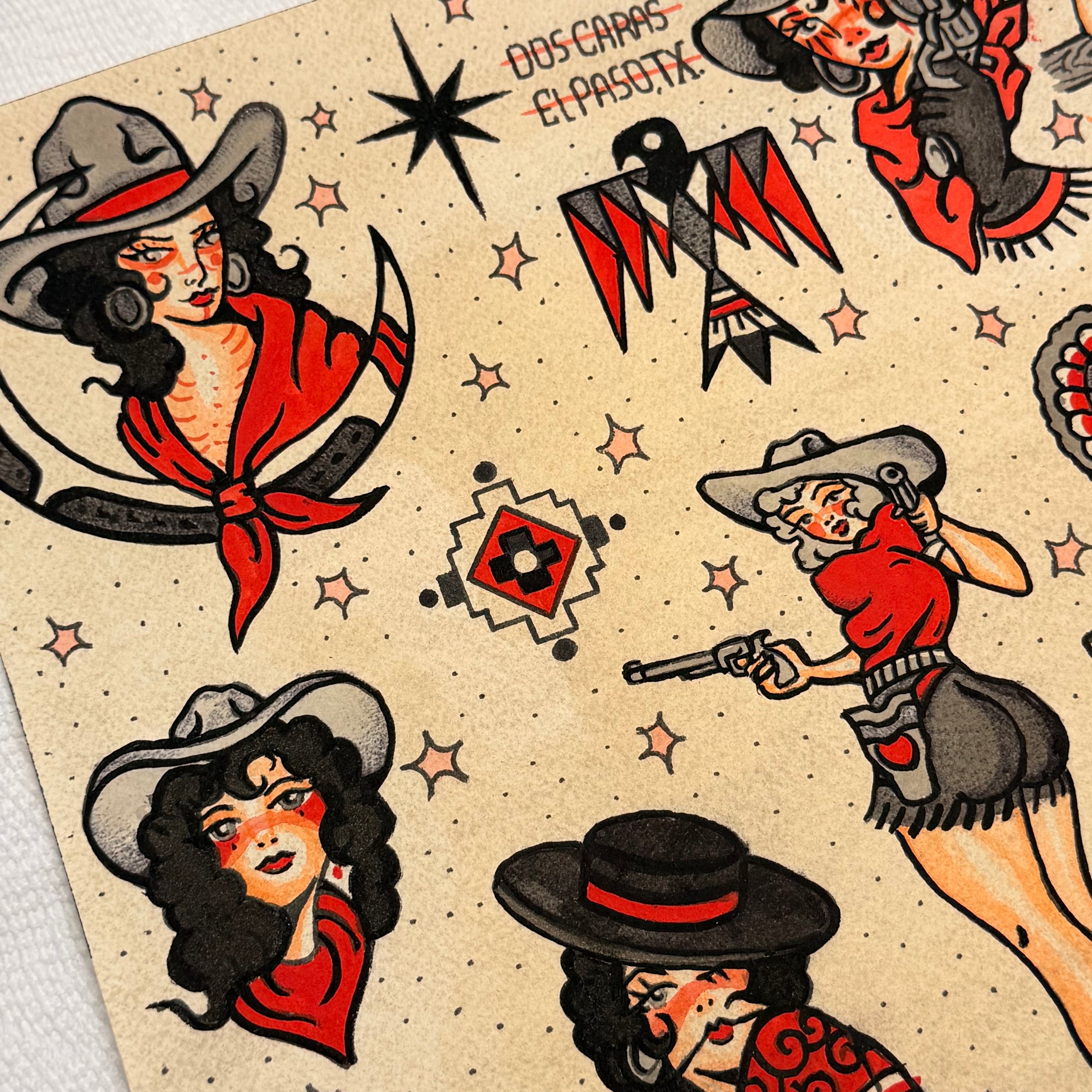 12" X 16" Cowgirls Tattoo flash sheet Print