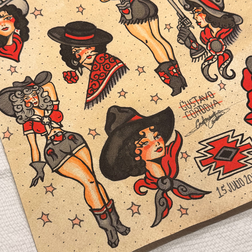 12" X 16" Cowgirls Tattoo flash sheet Print